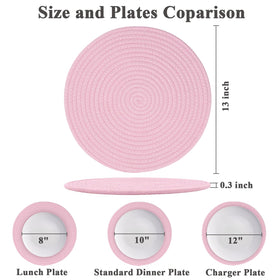 Jukercici round pink placemats in side view highlight braided weave and non-slip base.