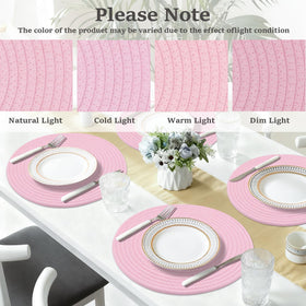 Jukercici round pink placemats stacked for easy storage.