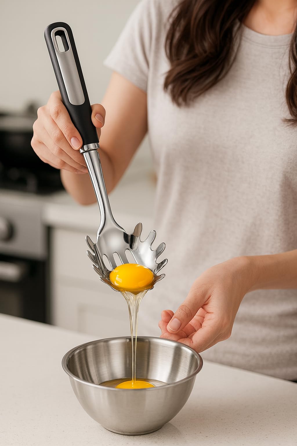Julipro center drain hole pasta spoon for efficient draining and portioning pasta.