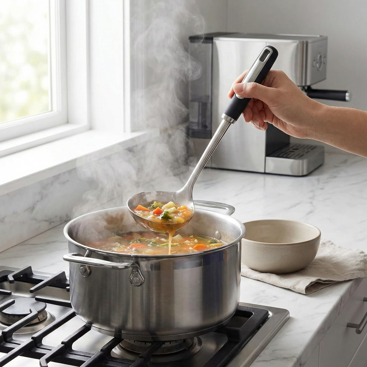 Julipro deep bowl soup ladle ideal for generous servings of soup or broth.