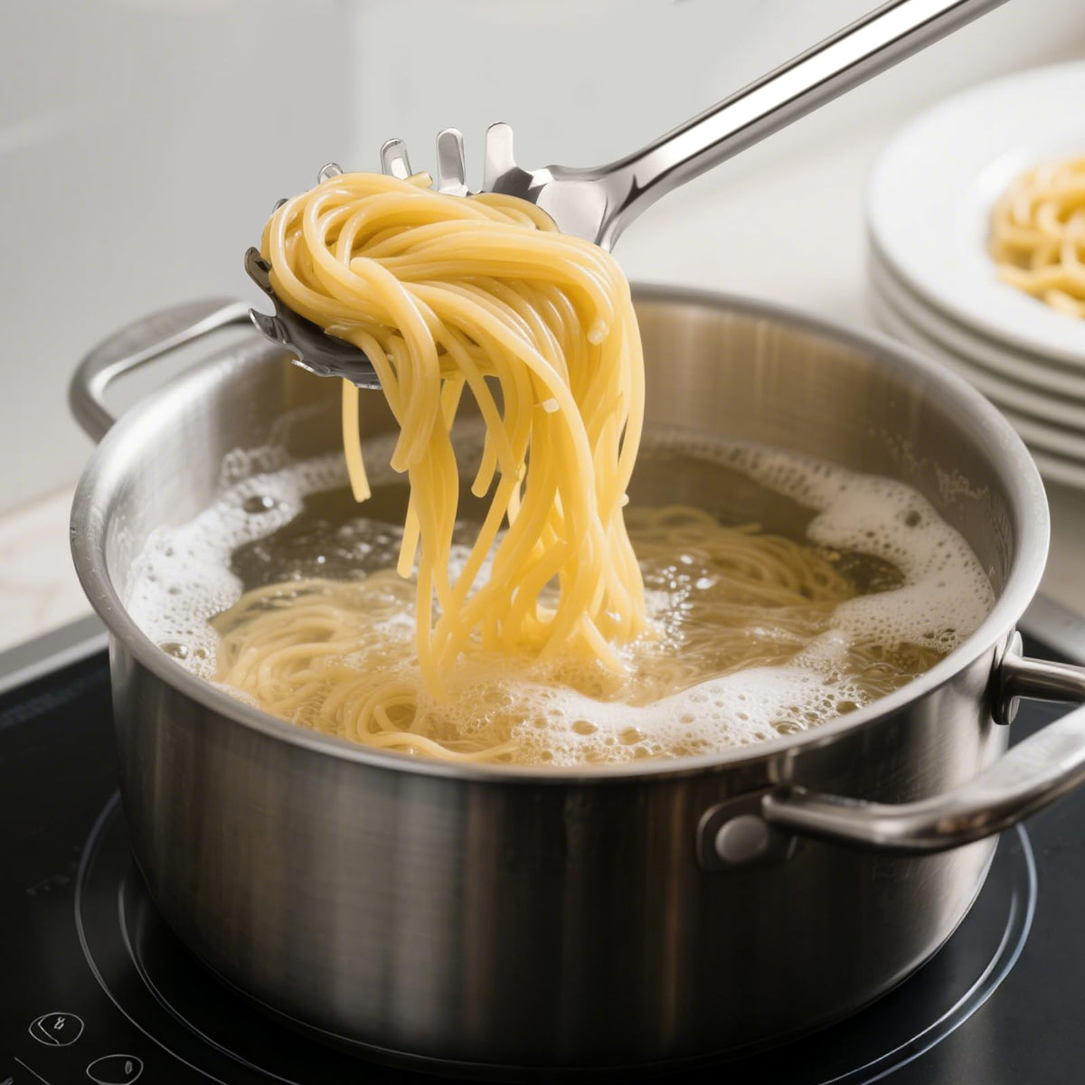 Julipro pasta spoon with wide prongs for capturing noodles confidently.