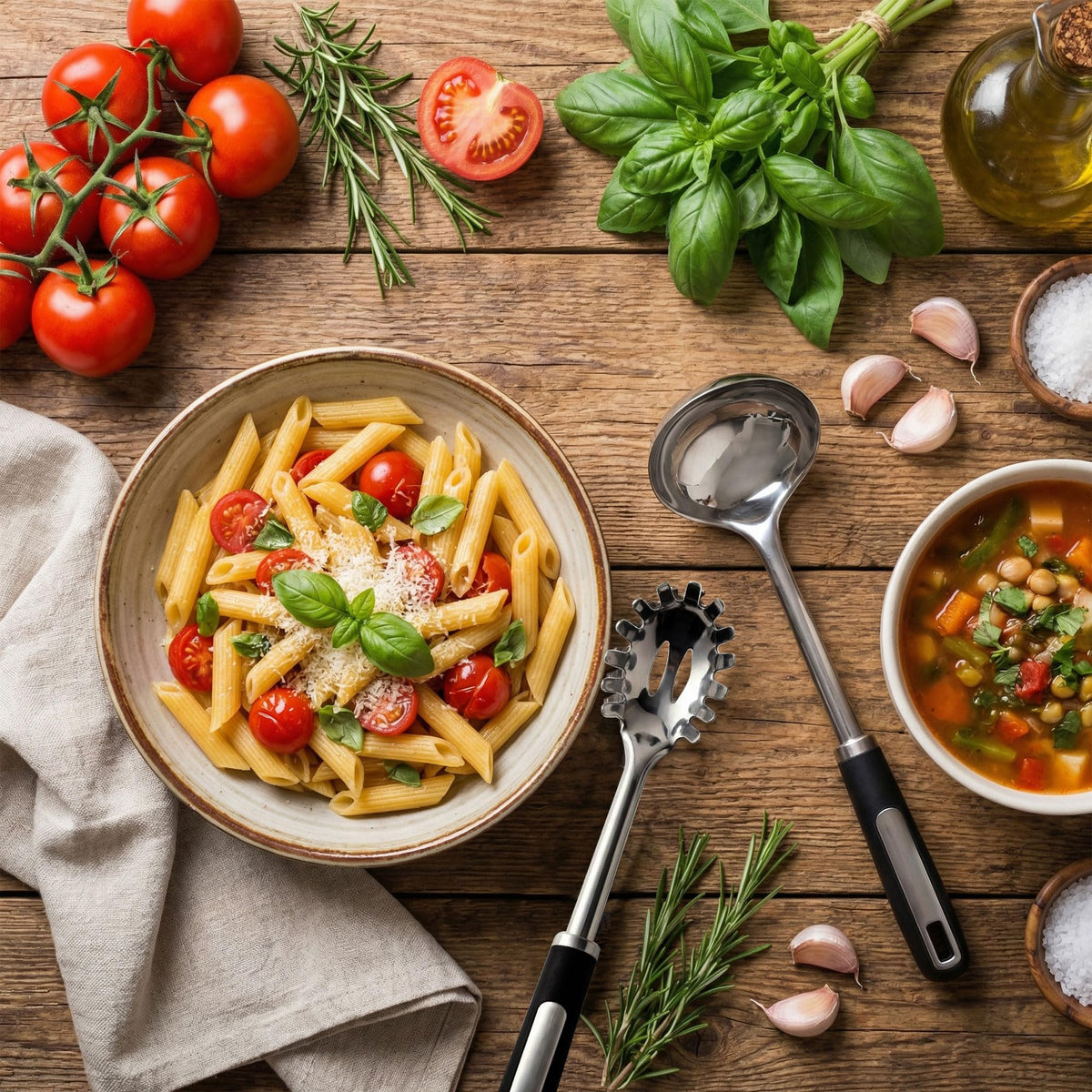 Julipro stainless steel pasta server with deep prongs for easy noodles pickup.