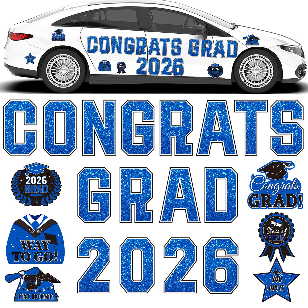 JULMELON graduation car magnets in blue and black for celebratory vehicle decor