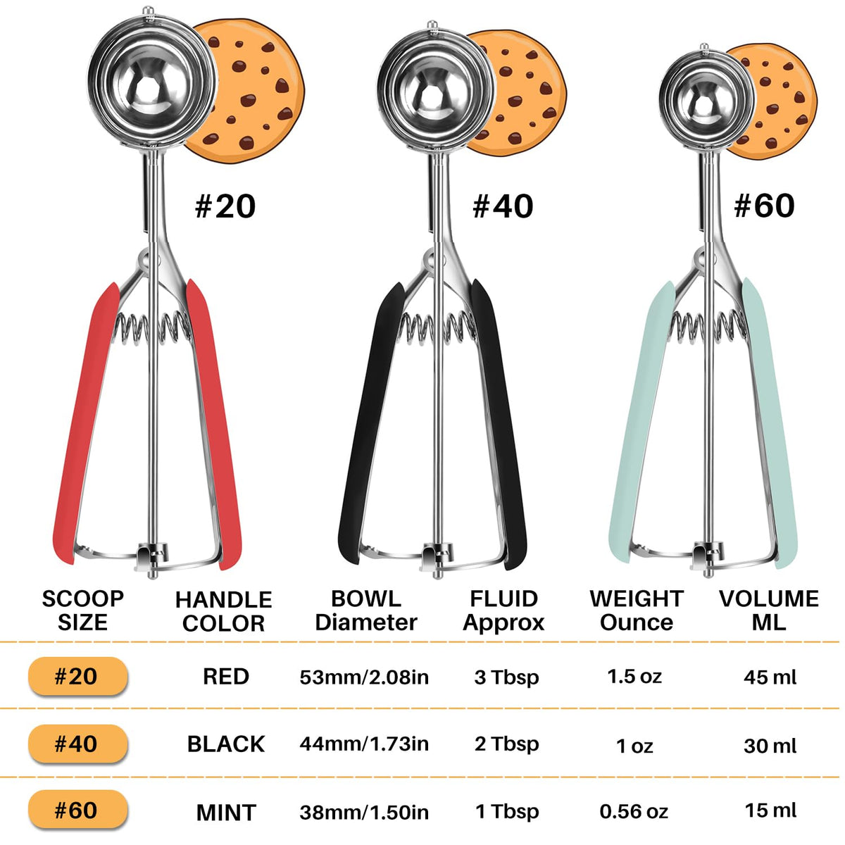 JUNADAEL J cookie scoop with black handle provides a firm grip for easy scooping.