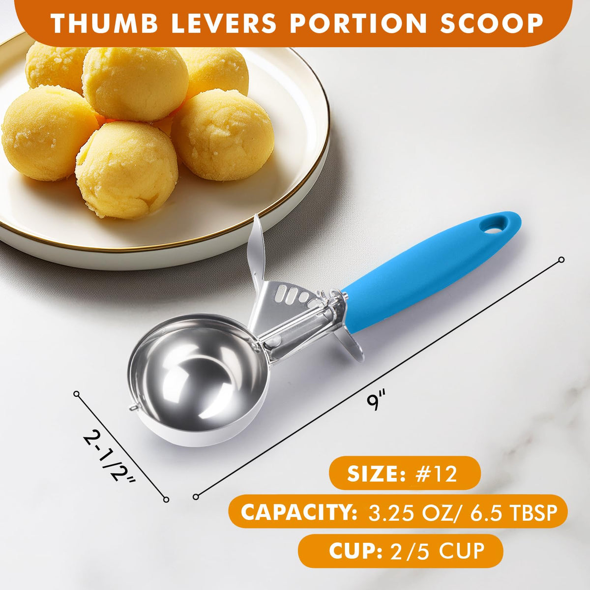 JUNADAEL J ergonomic-release scoop with blue handle, easy one-handed portioning for batter.