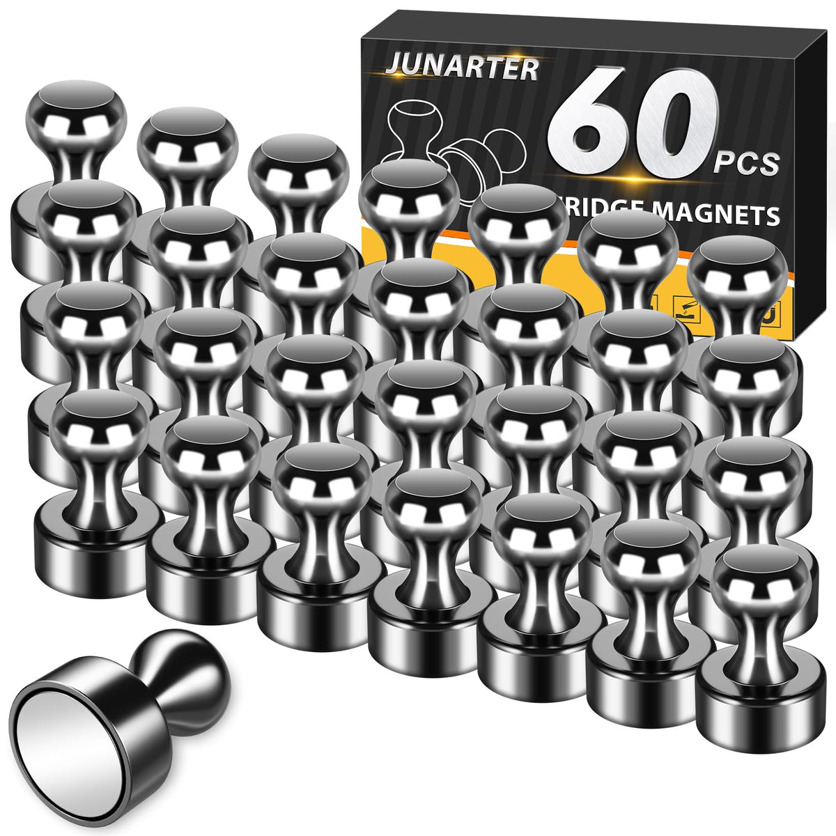Junarter 60-pack magnetic push pins securing documents on a whiteboard.