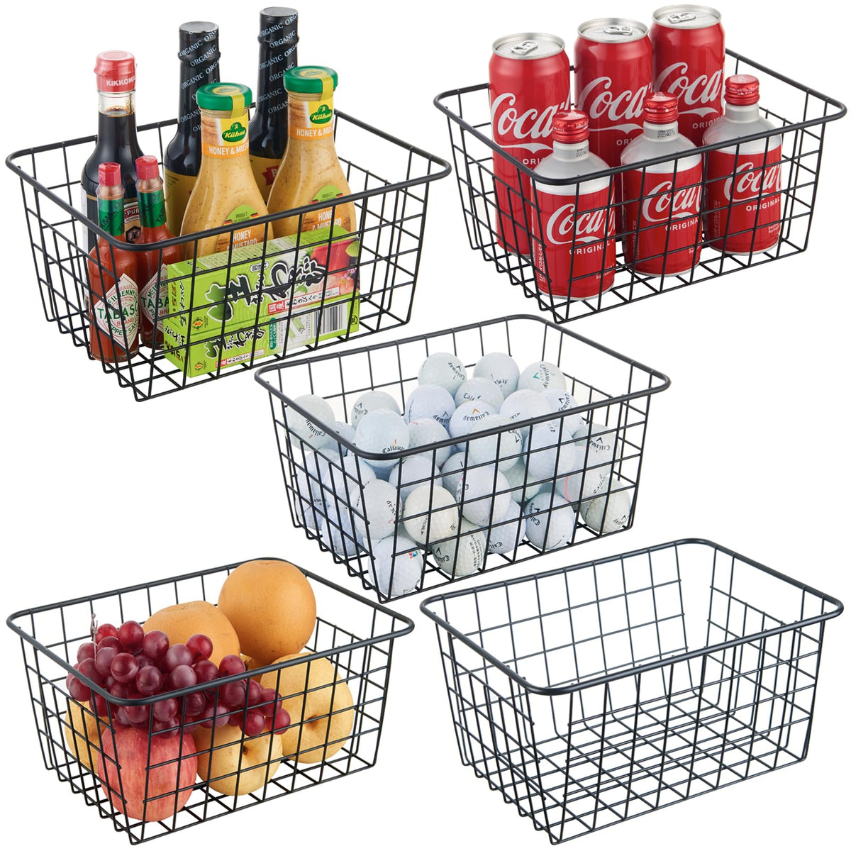 JUNCHU CHERRY wire kitchen storage basket 5-pack keeps pantry organized and accessible.