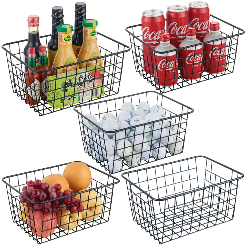 JUNCHU CHERRY wire kitchen storage basket 5-pack keeps pantry organized and accessible.