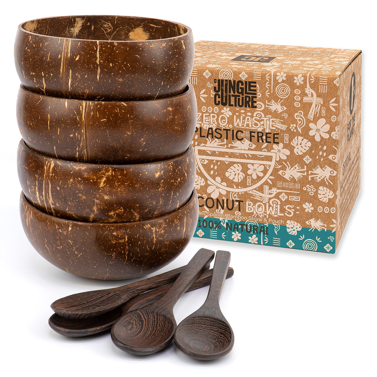 Jungle Culture polished coconut bowls in a four-piece set for stylish smoothies