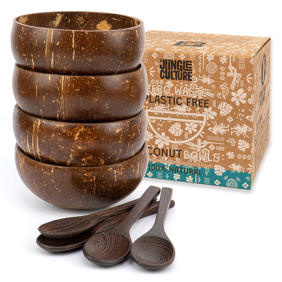 Jungle Culture polished coconut bowls in a four-piece set for stylish smoothies