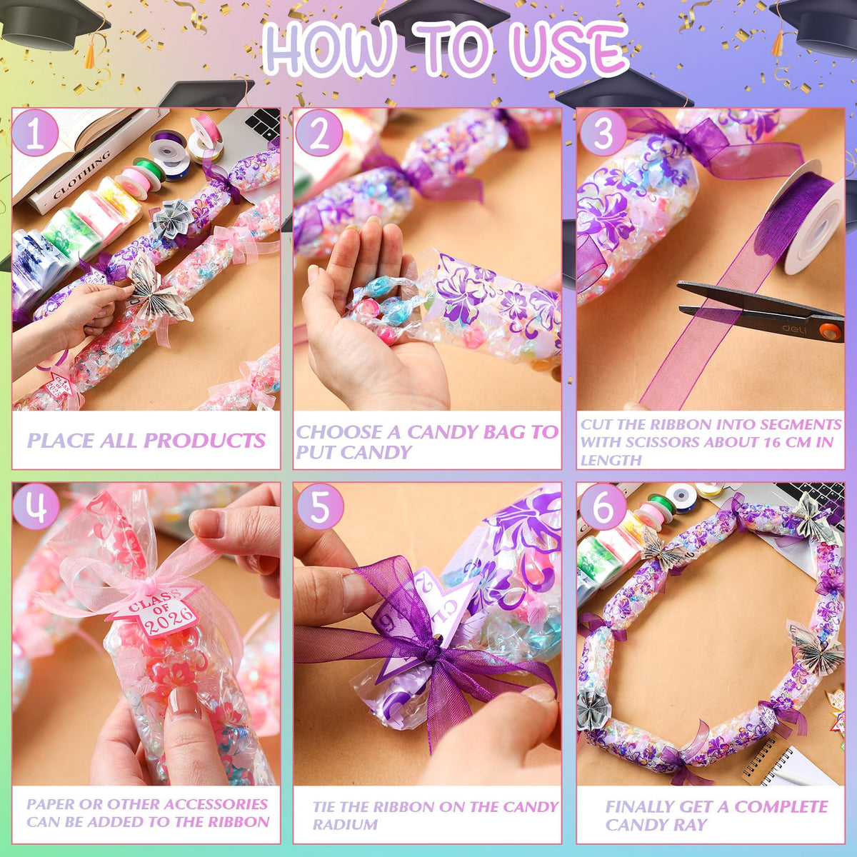 Junkin candy leis use sturdy PE tubes and PVC ribbon