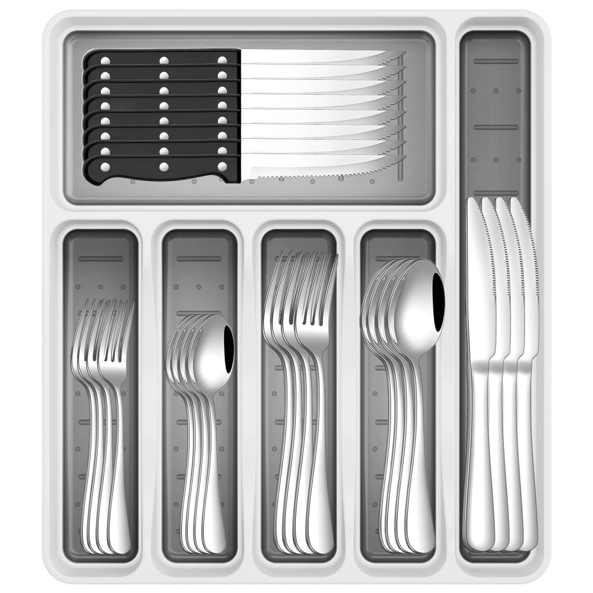 JUNLIN 49-piece silverware set with organizer, durable stainless steel for everyday meals.