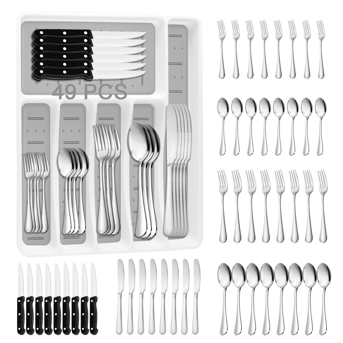 JUNLIN 49-piece silverware set organized in a drawer