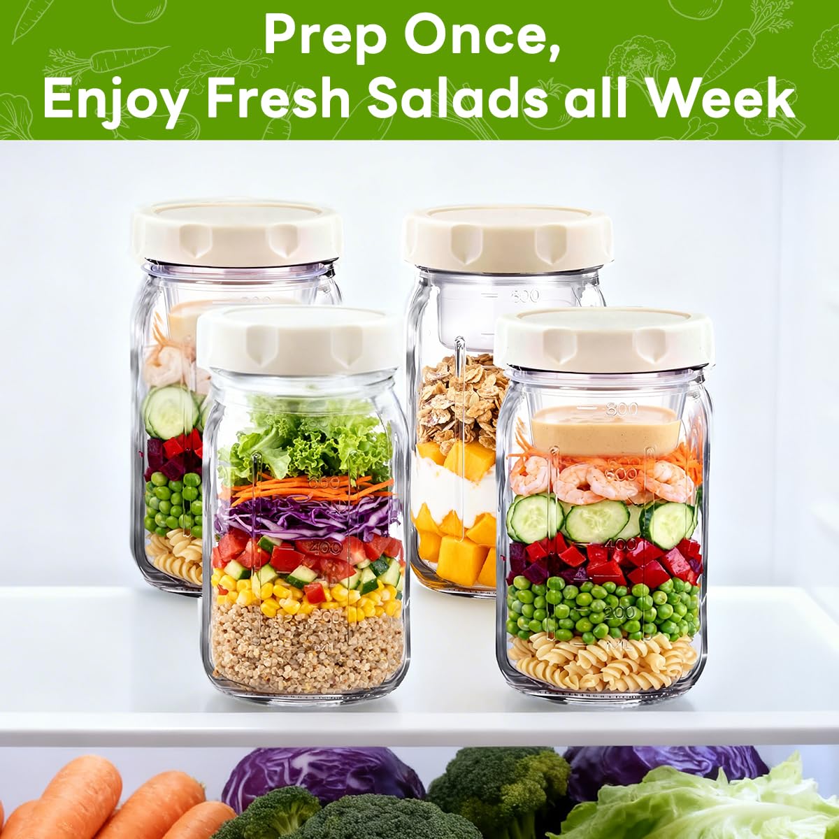 JUNLIN food-grade glass salad jar with clear view of contents.