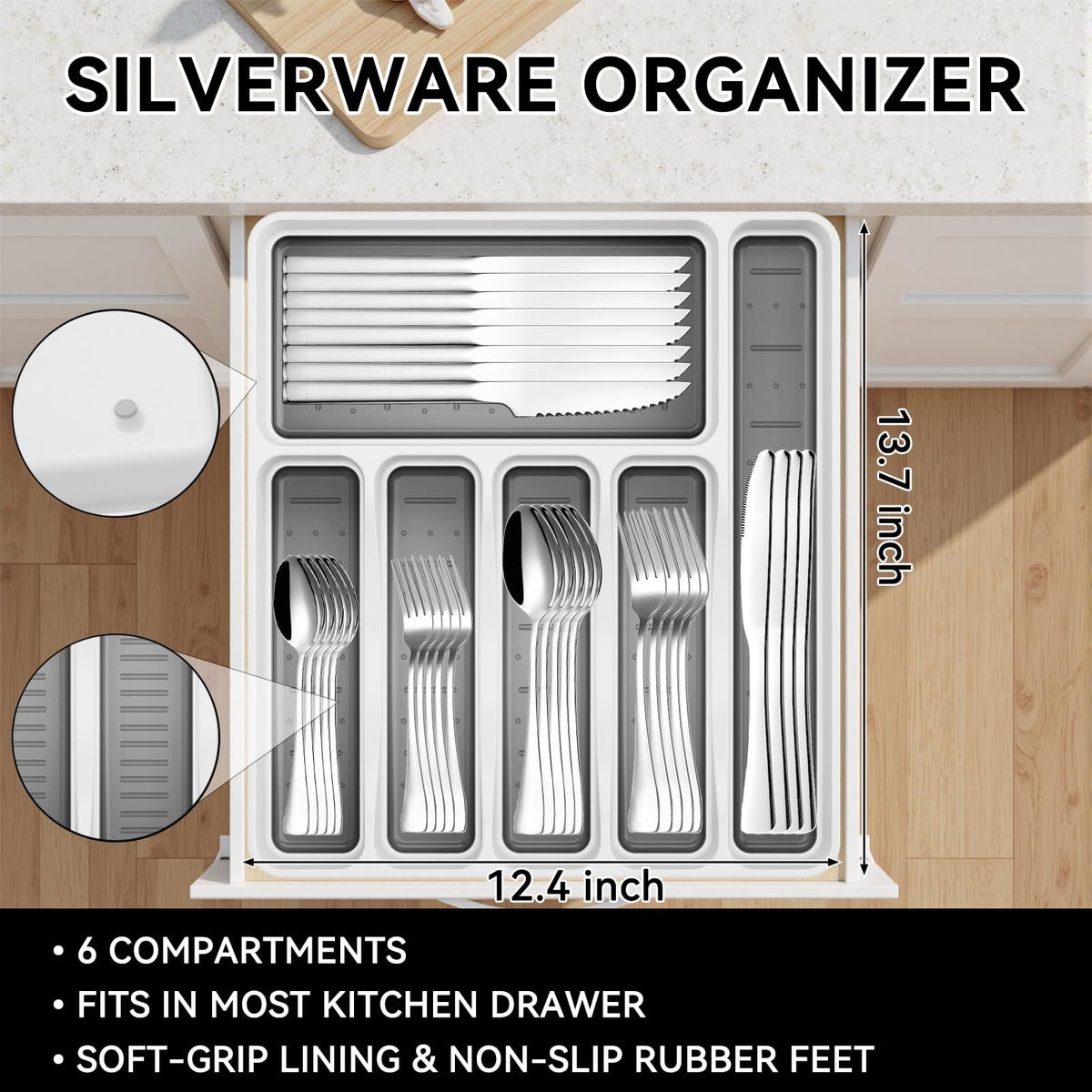 JUNLIN silverware drawer organizer with six compartments and non-slip base