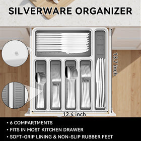 JUNLIN silverware drawer organizer with six compartments and non-slip base