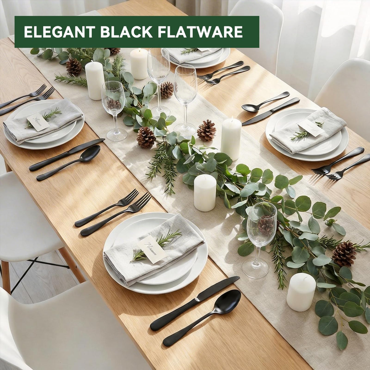 JUNLIN table setting with black flatware for a refined dining look