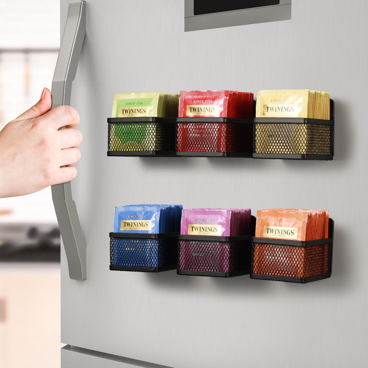 JUNLYNEST magnetic tea bag organizer on fridge door for easy access and organization