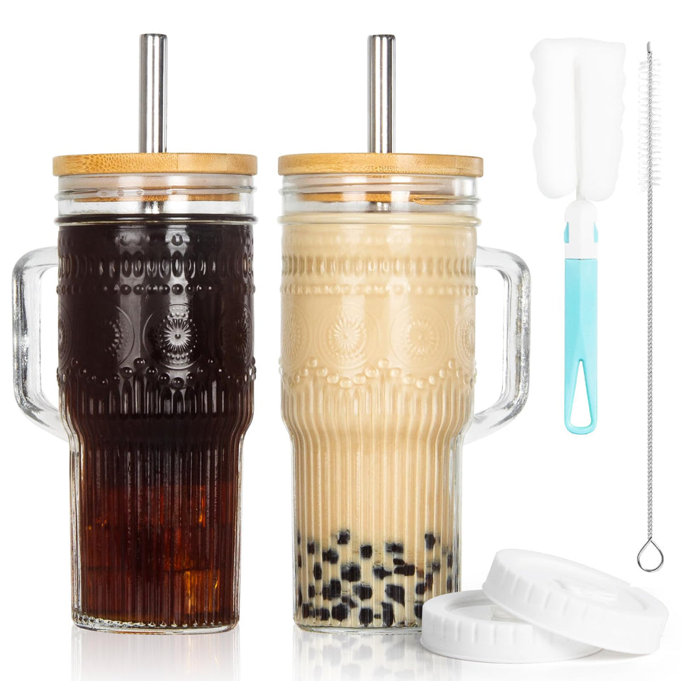 JunVpic glass cups with bamboo lids and straws for stylish on-the-go iced drinks