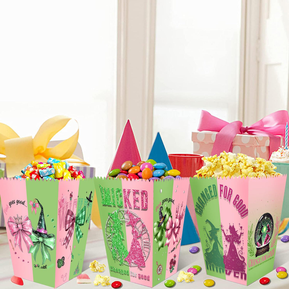 Junyaoii popcorn boxes flat-packed for quick assembly at birthdays.