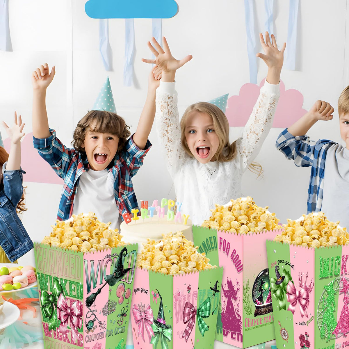Junyaoii witch snack boxes arranged for popcorn and treats at festive events.