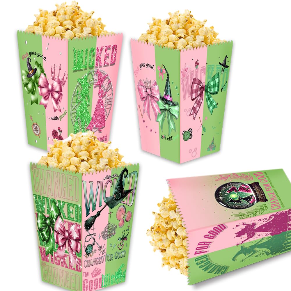Junyaoii witch-theme popcorn boxes in green and pink for candy buffets and party decor.