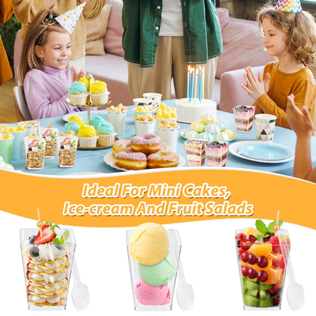 Jupwalz cups used at birthday and wedding dessert stations.