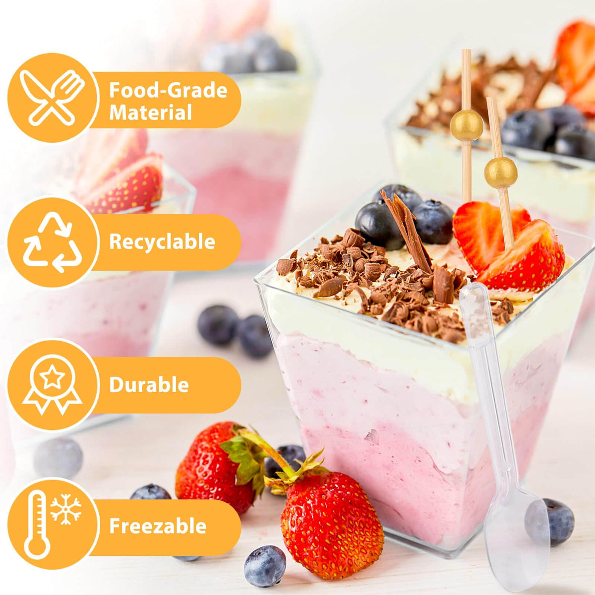 Jupwalz dessert cups on a display highlighting dessert layers.