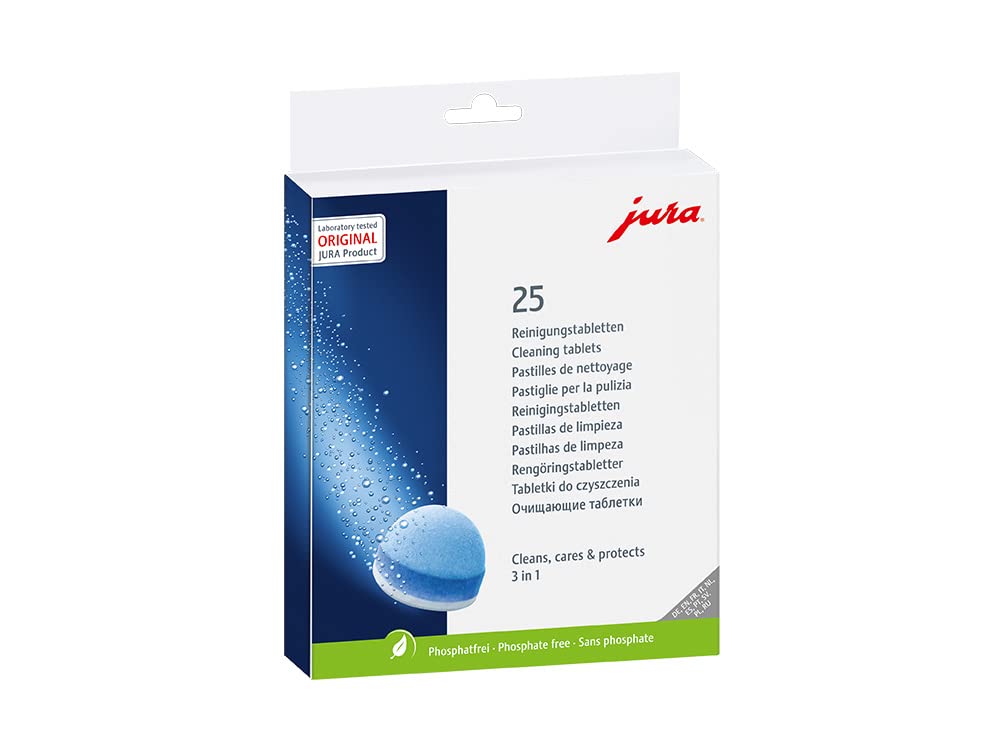JURA 3-Phase cleaning tablets packaging for easy hygienic maintenance of your coffee machine.