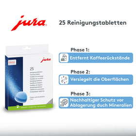 Jura 3-Phase Cleaning Tablets in coffee machine scene showing comprehensive cleaning care and protection.