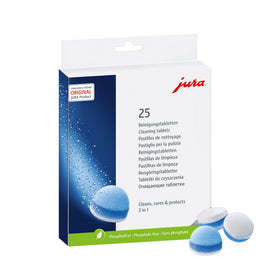 Jura 3-Phase Cleaning Tablets packshot highlighting easy all-in-one maintenance for espresso machines.
