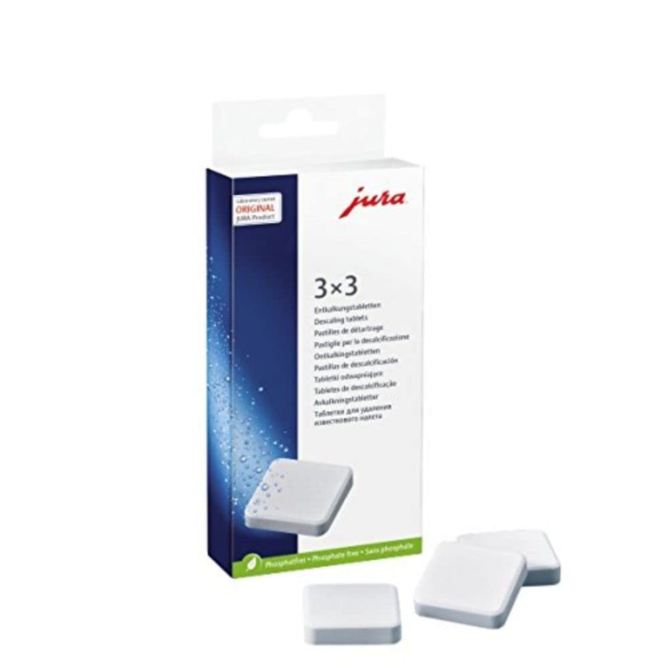 Jura 66281 decalcifying tablets in a 9-pack for descaling Jura coffee machines, maintaining optimal flavor.