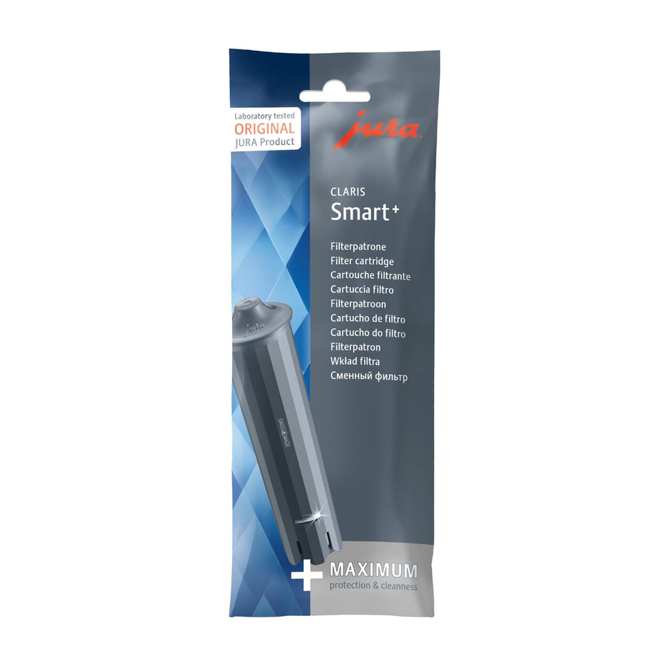 Jura CLARIS Smart+ water filter cartridge shown in packaging for clean coffee water.