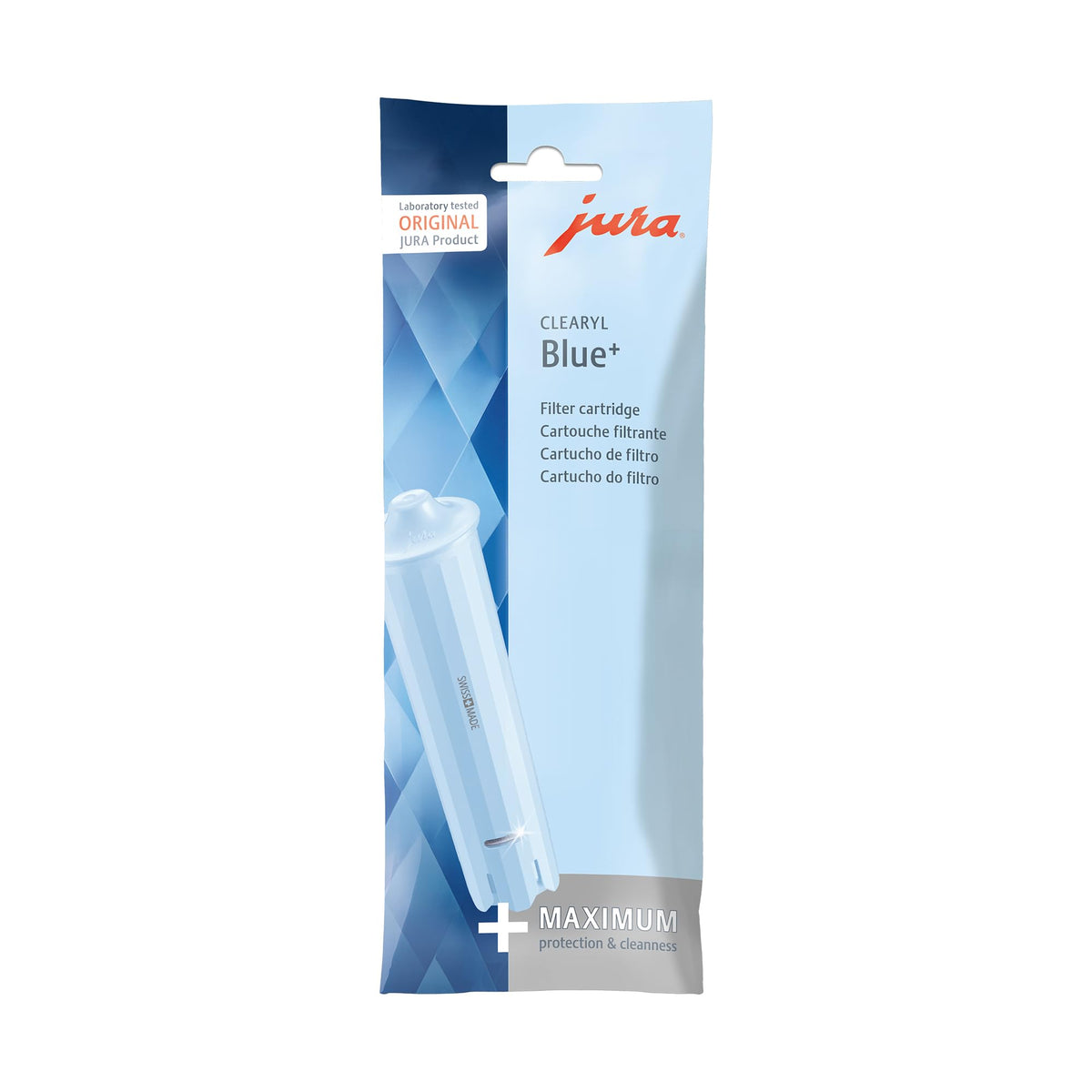 JURA Clearyl Blue+ coffee-machine ready shot highlighting consistent water quality.
