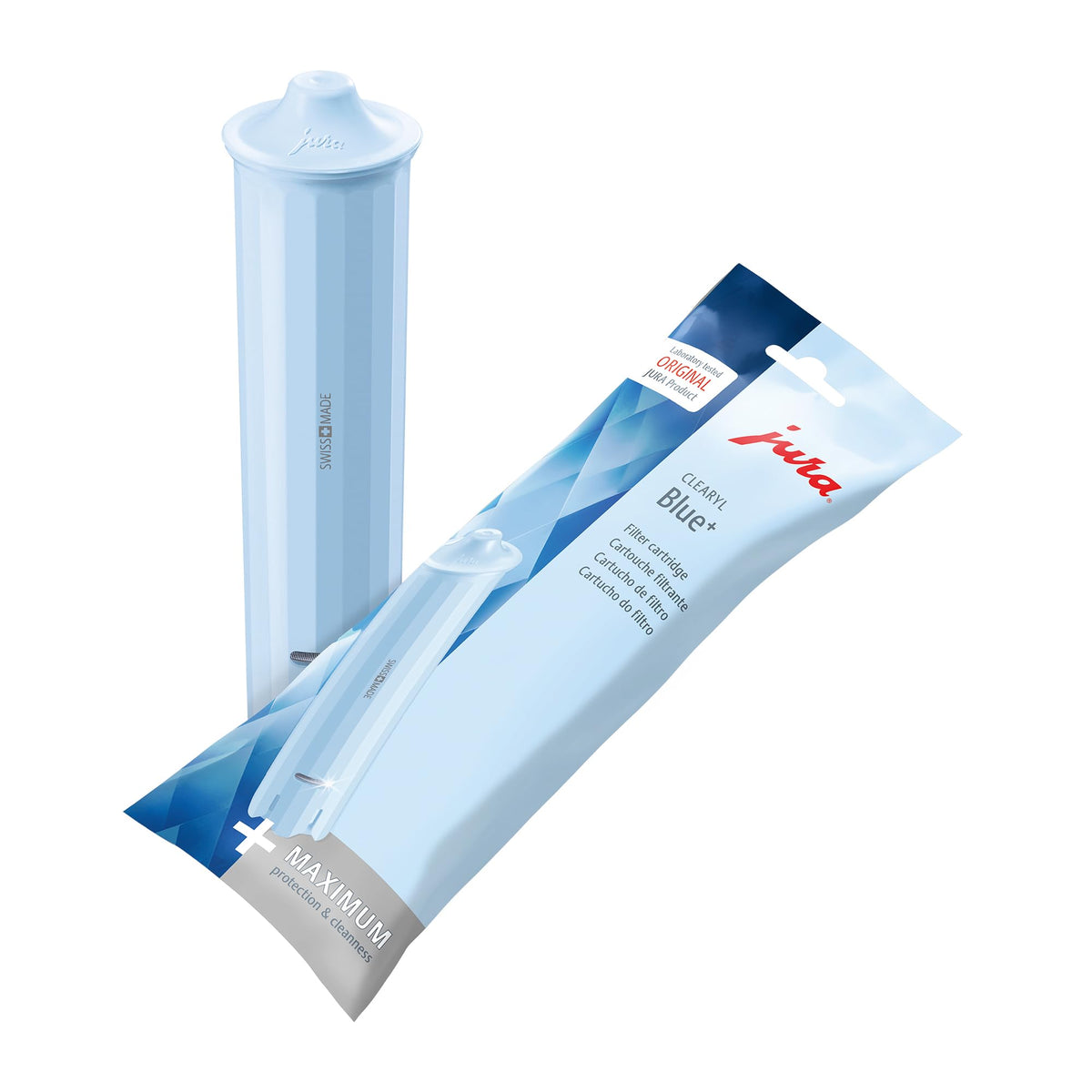 JURA Clearyl Blue+ filter cartridge closeup for clean, fresh-tasting coffee water.