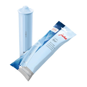JURA Clearyl Blue+ filter cartridge closeup for clean, fresh-tasting coffee water.