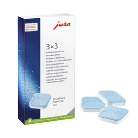 Jura Decalcifying Tablets close-up for mineral buildup removal in coffee machines.