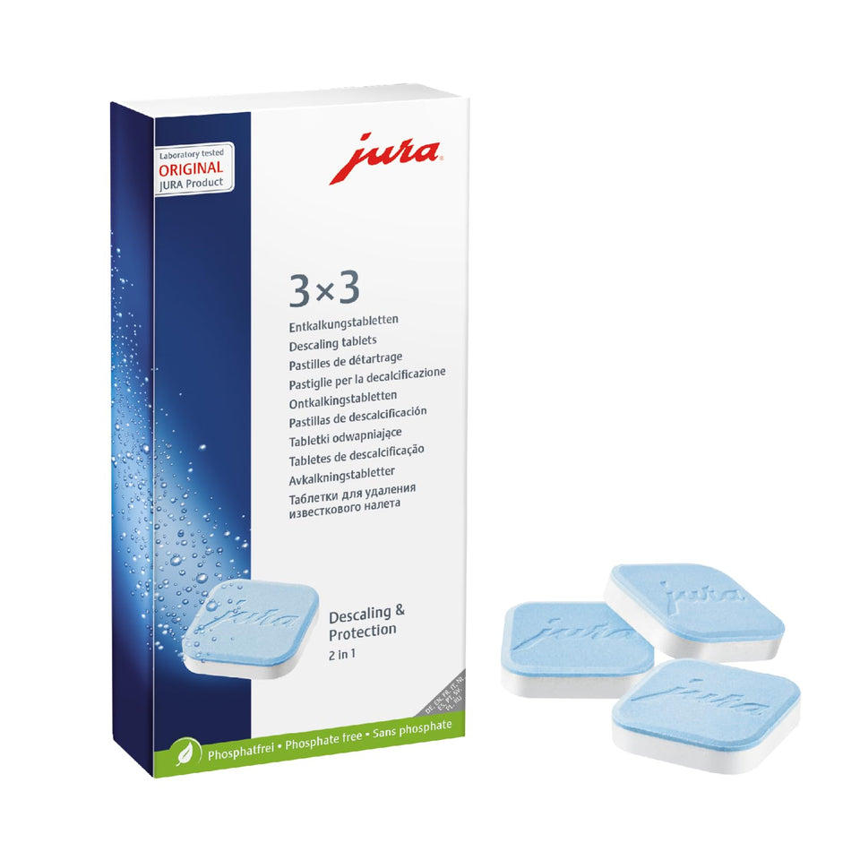 Jura Decalcifying Tablets close-up for mineral buildup removal in coffee machines.