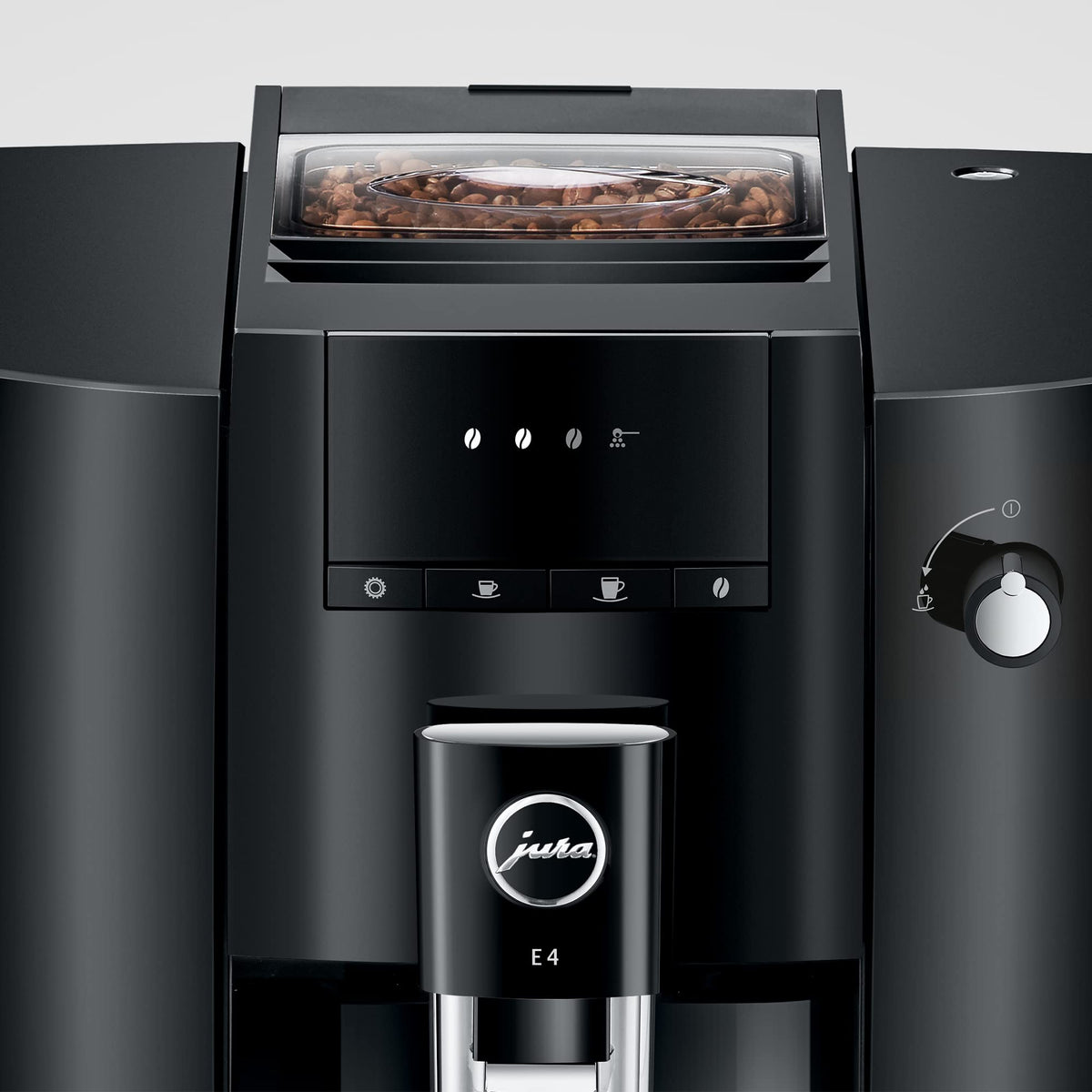 Jura E4 bean container highlighting fresh grounds for rich flavor.