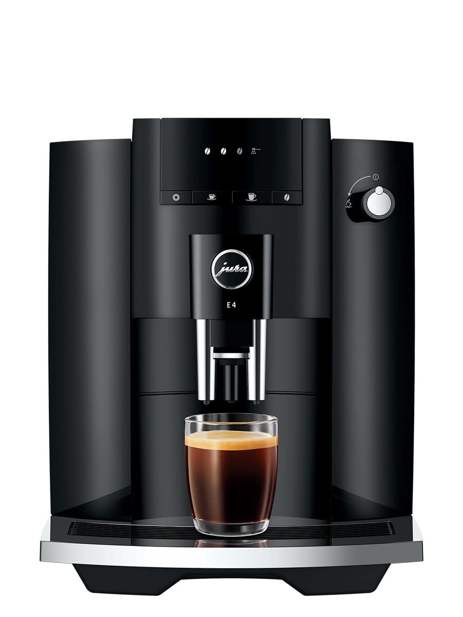 Jura E4 piano black front view, compact design for small kitchens and countertops.