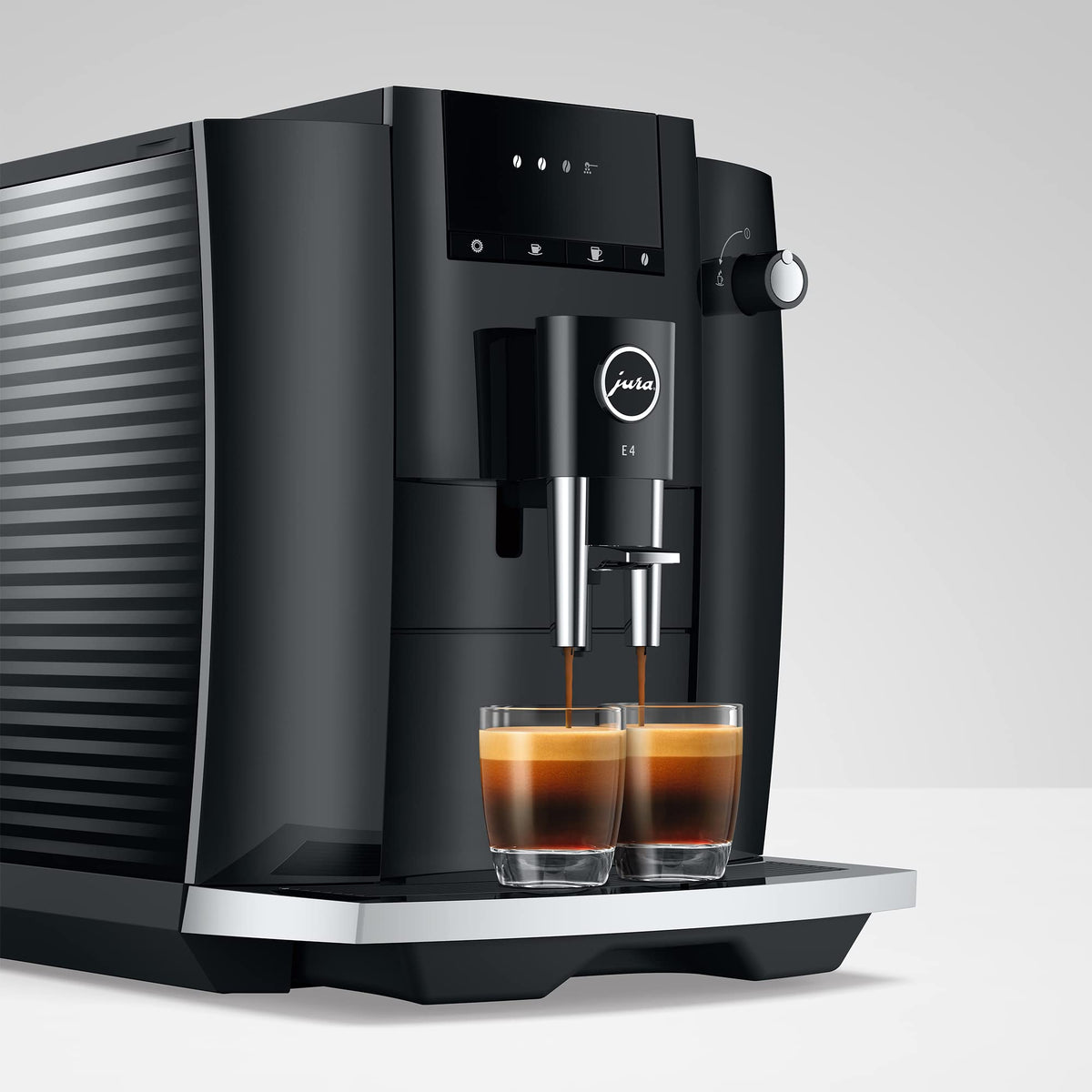 Jura E4 piano black one-touch panel for quick drink selection at a tap.