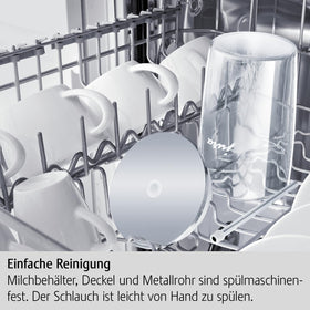 Jura glass milk container dishwasher-safe for simple cleaning after entertaining.