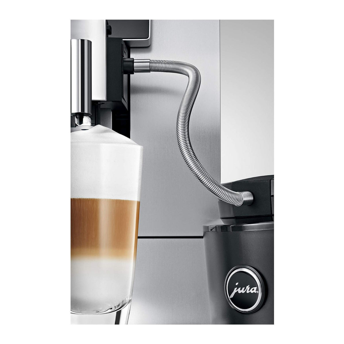 JURA milk pipe HP3 silver with opaque casing protects milk from light while preserving flavor.