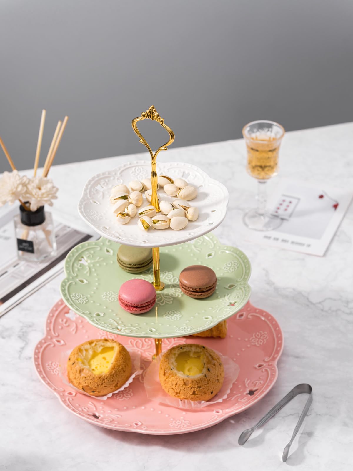 Jusalpha 3-Tier ceramic stand bottom 10-inch tier displays fruits and desserts.