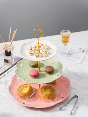 Jusalpha 3-Tier ceramic stand bottom 10-inch tier displays fruits and desserts.