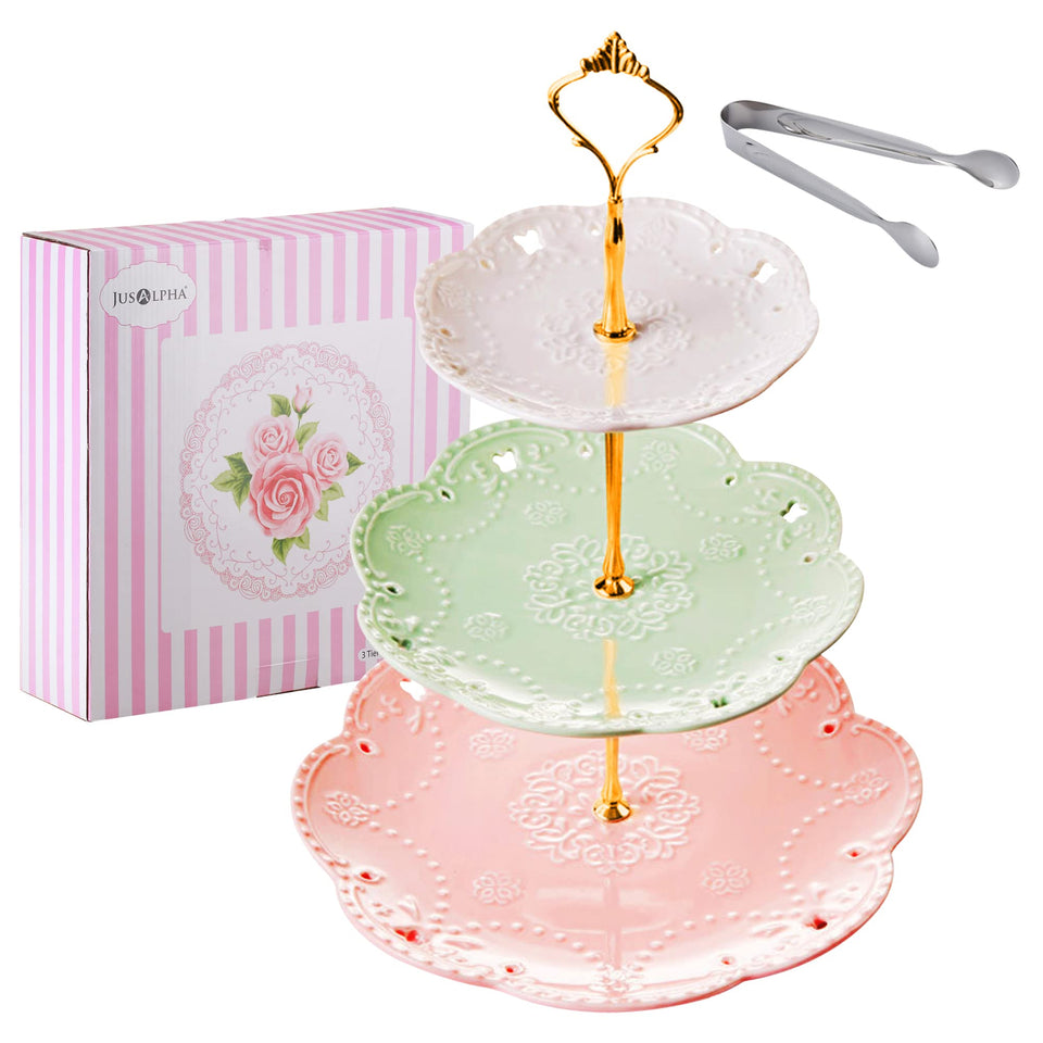 Jusalpha 3-Tier ceramic stand top 6-inch tier ideal for cakes and cupcakes.