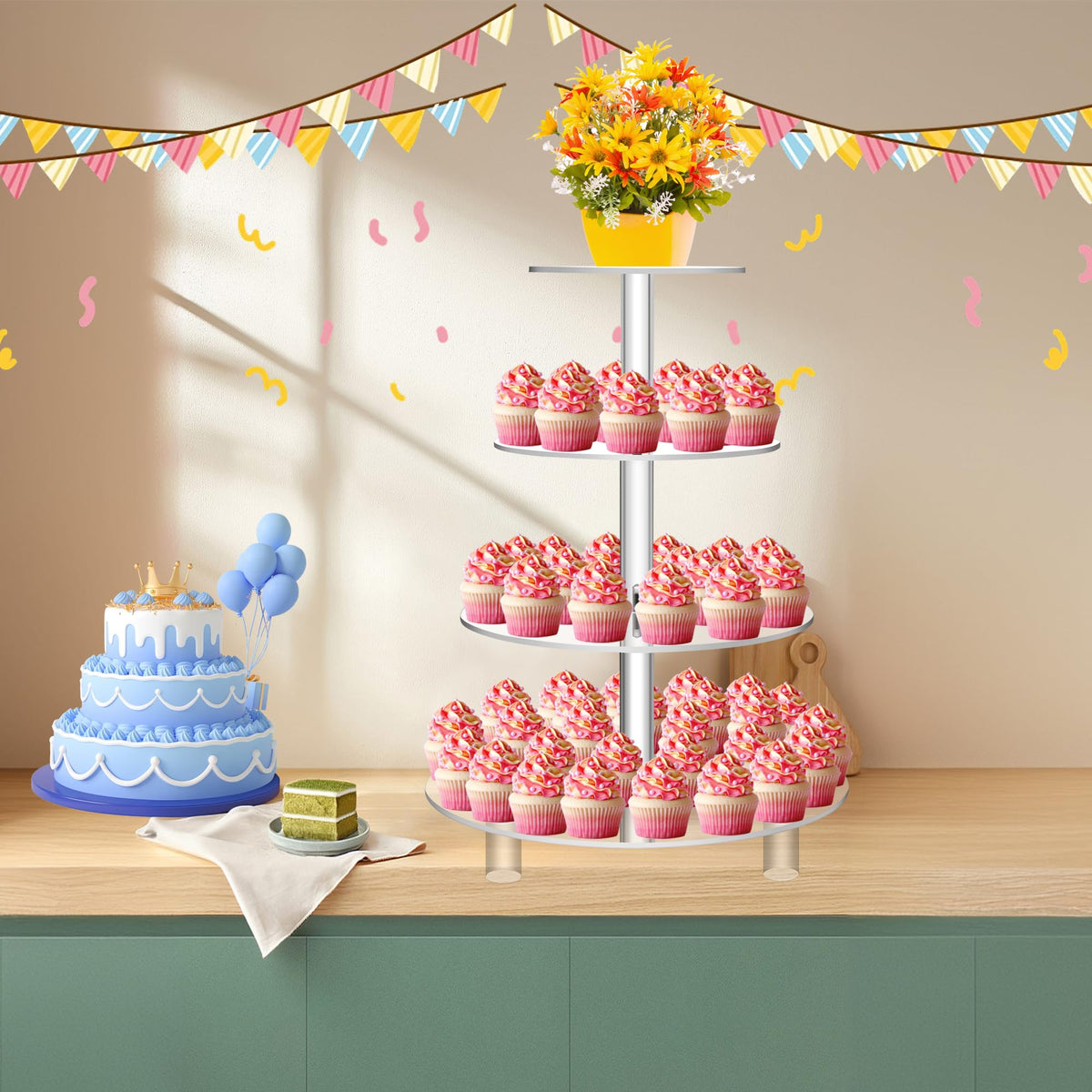 Jusalpha four-tier dessert display elevates cupcakes neatly on multiple levels.