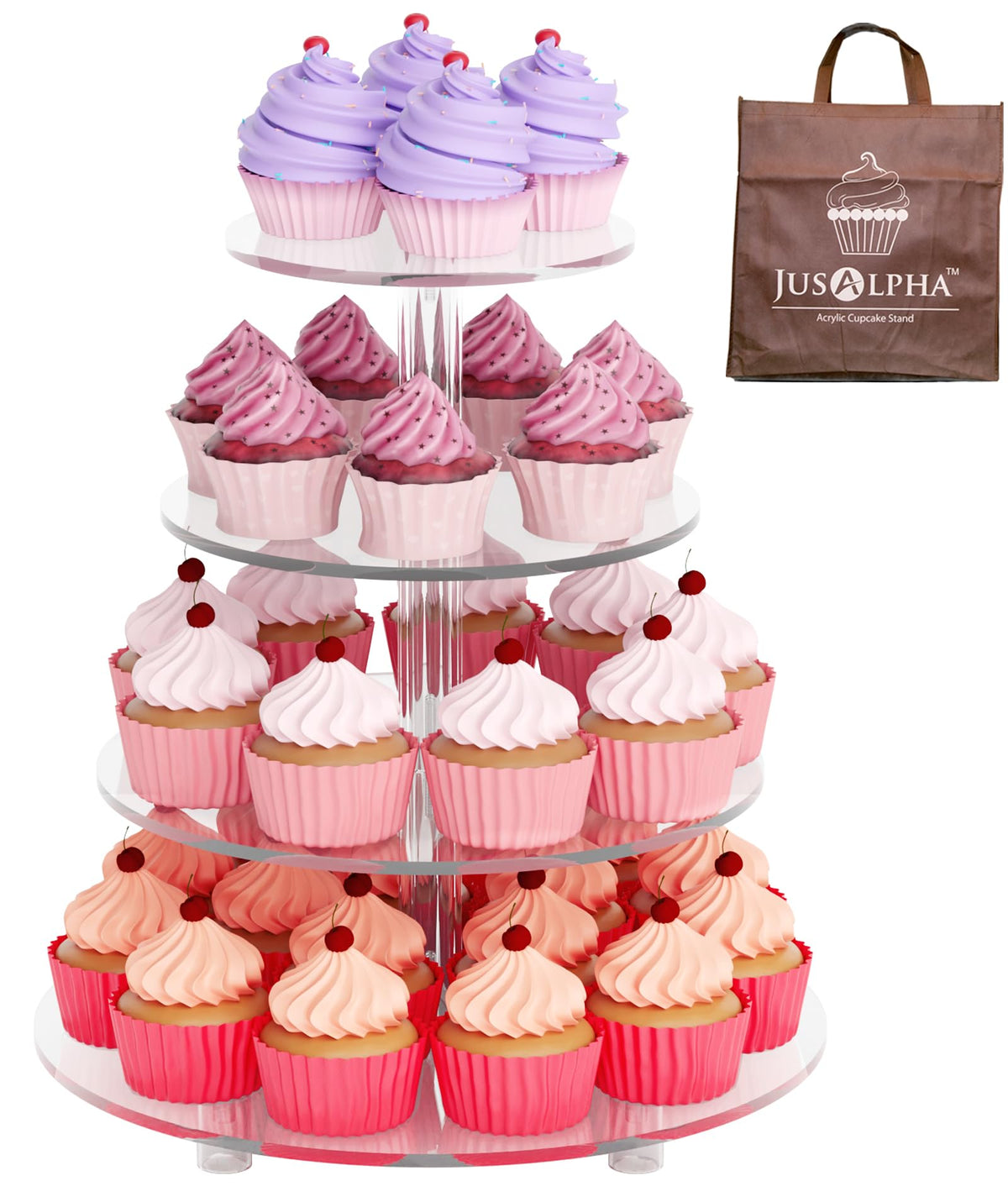 Jusalpha large 4-tier cupcake stand displays cupcakes beautifully.