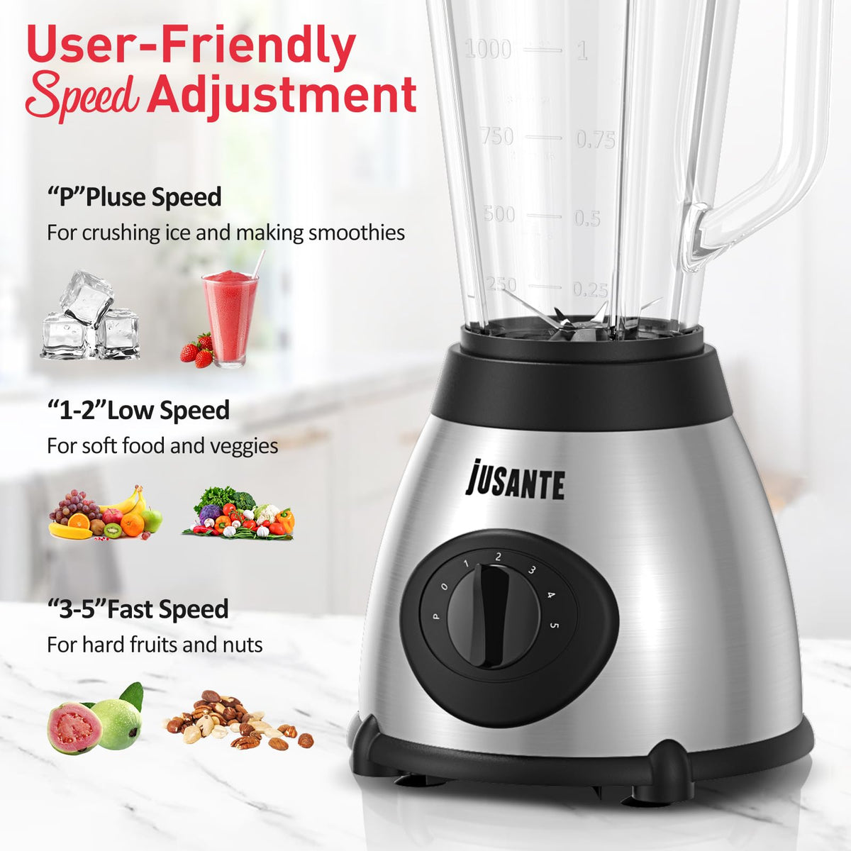 JUSANTE 48oz glass jar with handle ready for large-batch smoothies.