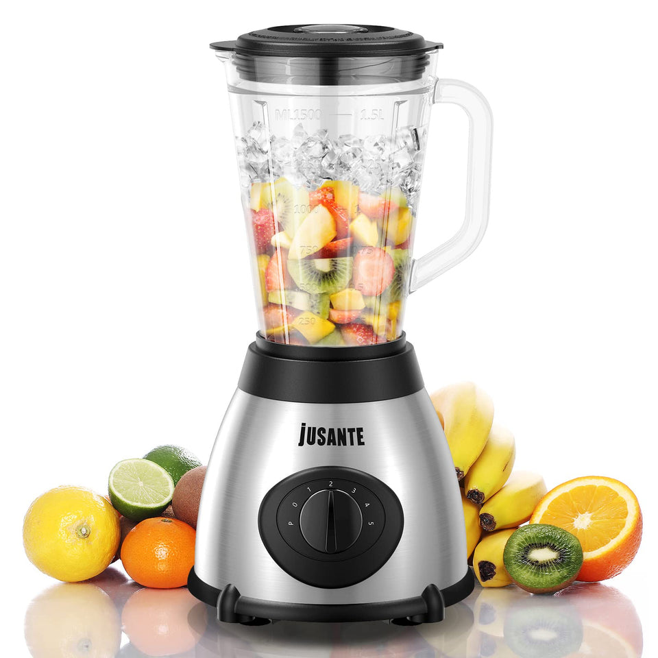 JUSANTE blender with 5-speed dial in action for quick smoothies and soups.